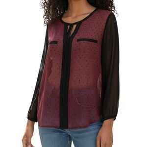 A.N.A. Sheer Top NEW long sleeve Blouse Size Medium Burgundy Black Dressy